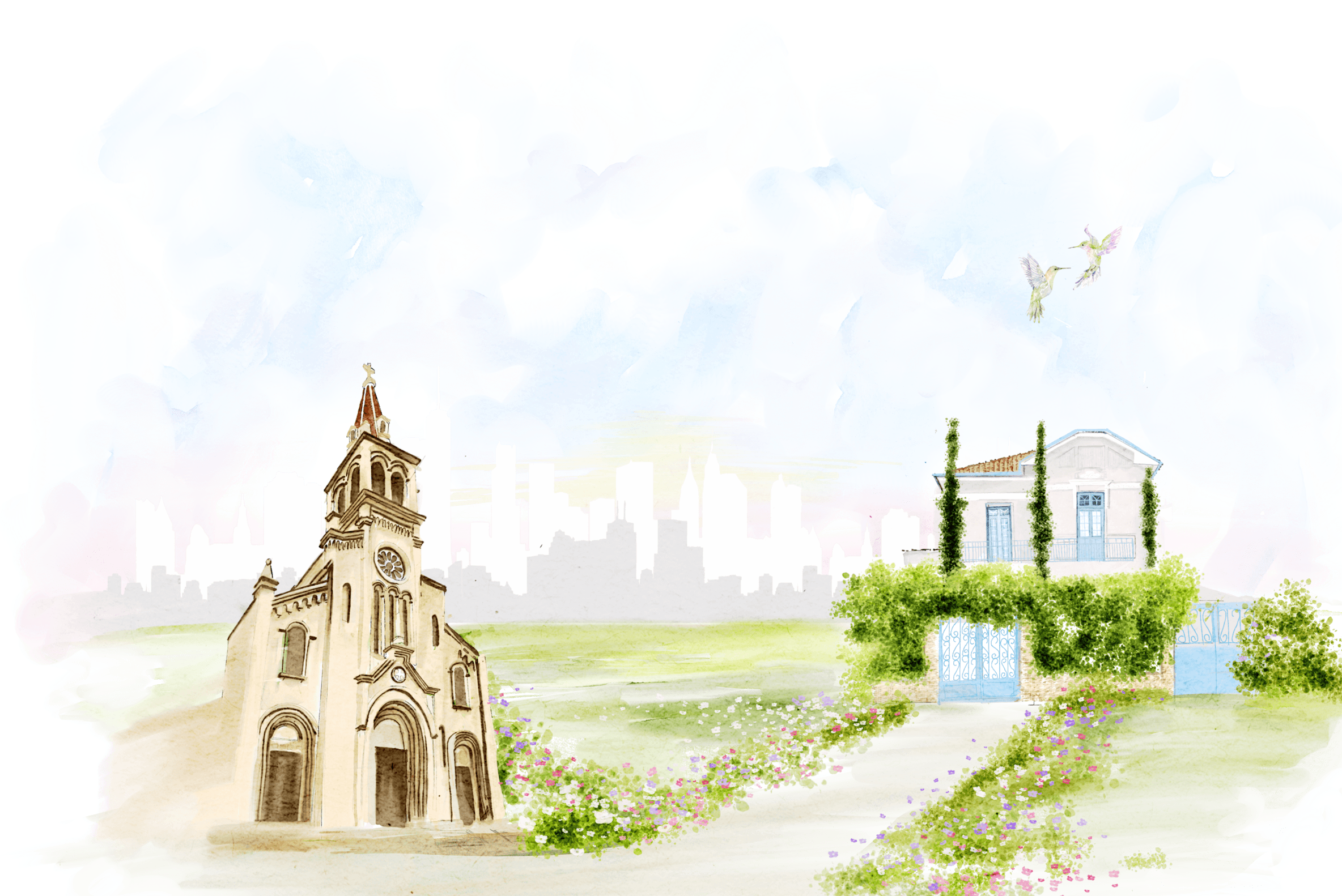 Composição de imagens em aquarela representando a Casa Quintal, lugar da recepção dos convidados e a Paróquia Santa Teresinha